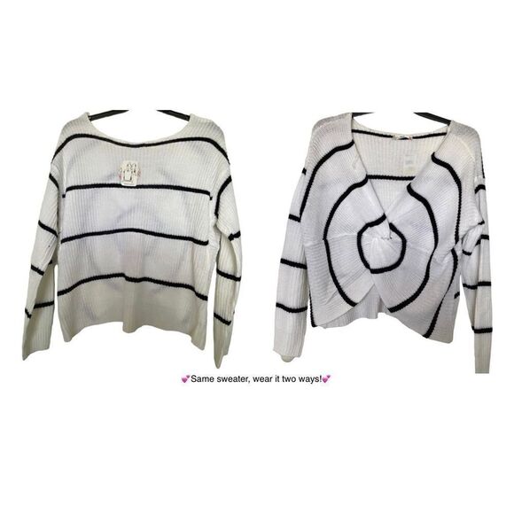 FULL CIRCLE TRENDS 1X 2-WAY WHITE/Black Stripe LONG SLEEVE SWEATER - Picture 1 of 10